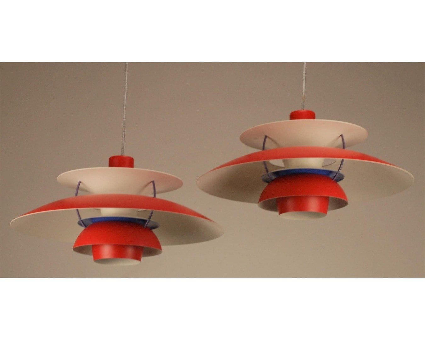 2 Red Louis Poulsen pendant lights | blue anti glare rings and purple spacers | Customize Your Vintage PH5 Lamp! - FancyVintage.nl -