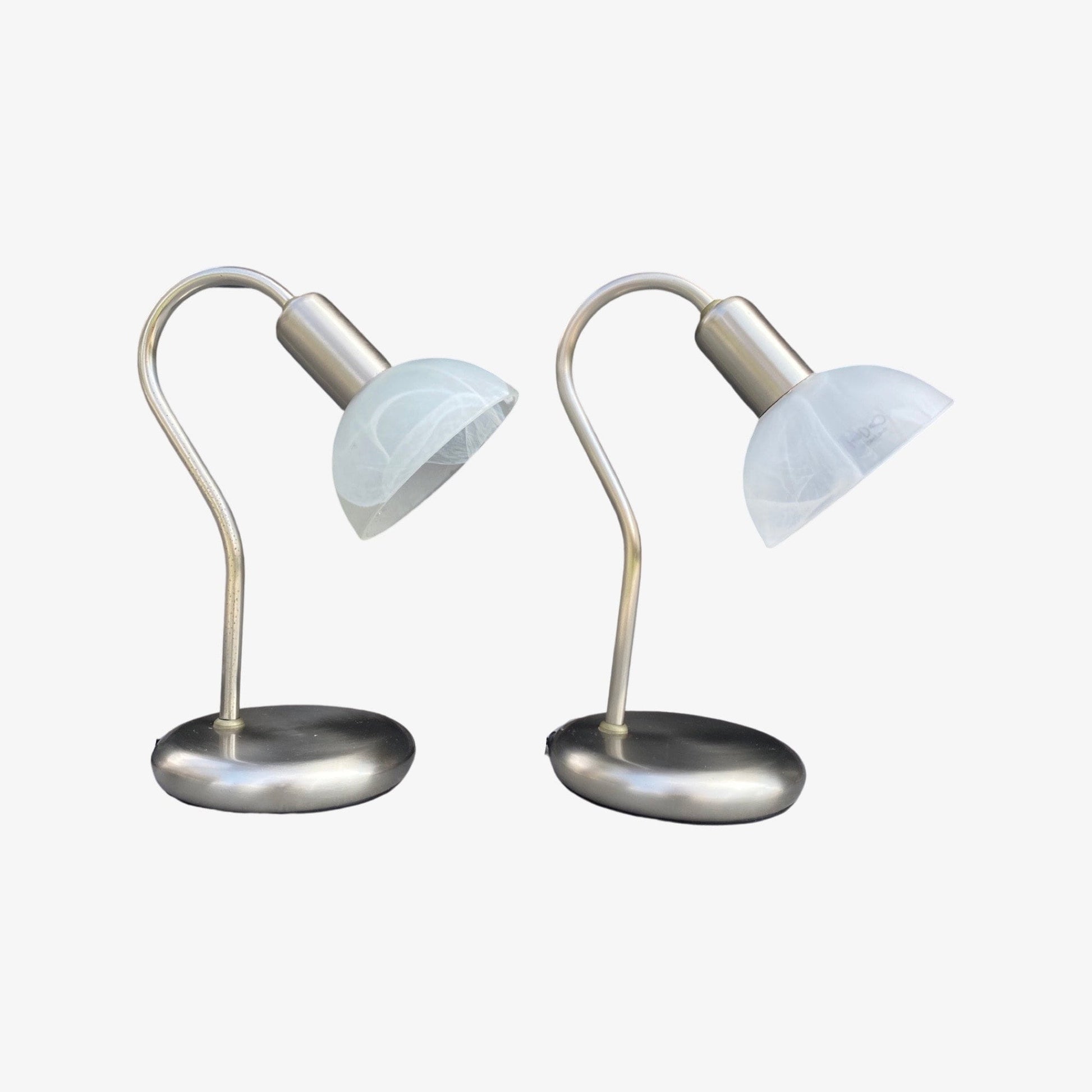 2 Retro BRILLIANT Night Lights | Brushed Chrome Metal Table Lights with Alabaster Glass Shades | Set of 2 Mid Century Night Lights 1970s - FancyVintage.nl -