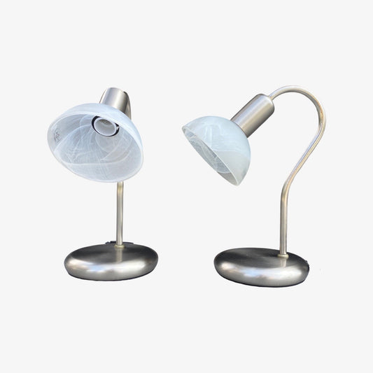 2 Retro BRILLIANT Night Lights | Brushed Chrome Metal Table Lights with Alabaster Glass Shades | Set of 2 Mid Century Night Lights 1970s - FancyVintage.nl -