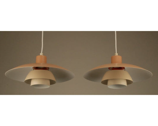 2 Vintage PH4 Louis Poulsen Pendant Lights | Original Poul Henningsen PH4 Lamps | Reupholstered BEIGE - FancyVintage.nl -