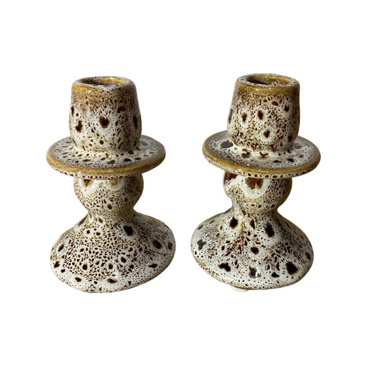 60s Vintage Candle Holder White-Brown Sprinkled | Set of 2 Danish Design Candlestick Holders | 4.3'' / 11 cm High | Scandinavian Design