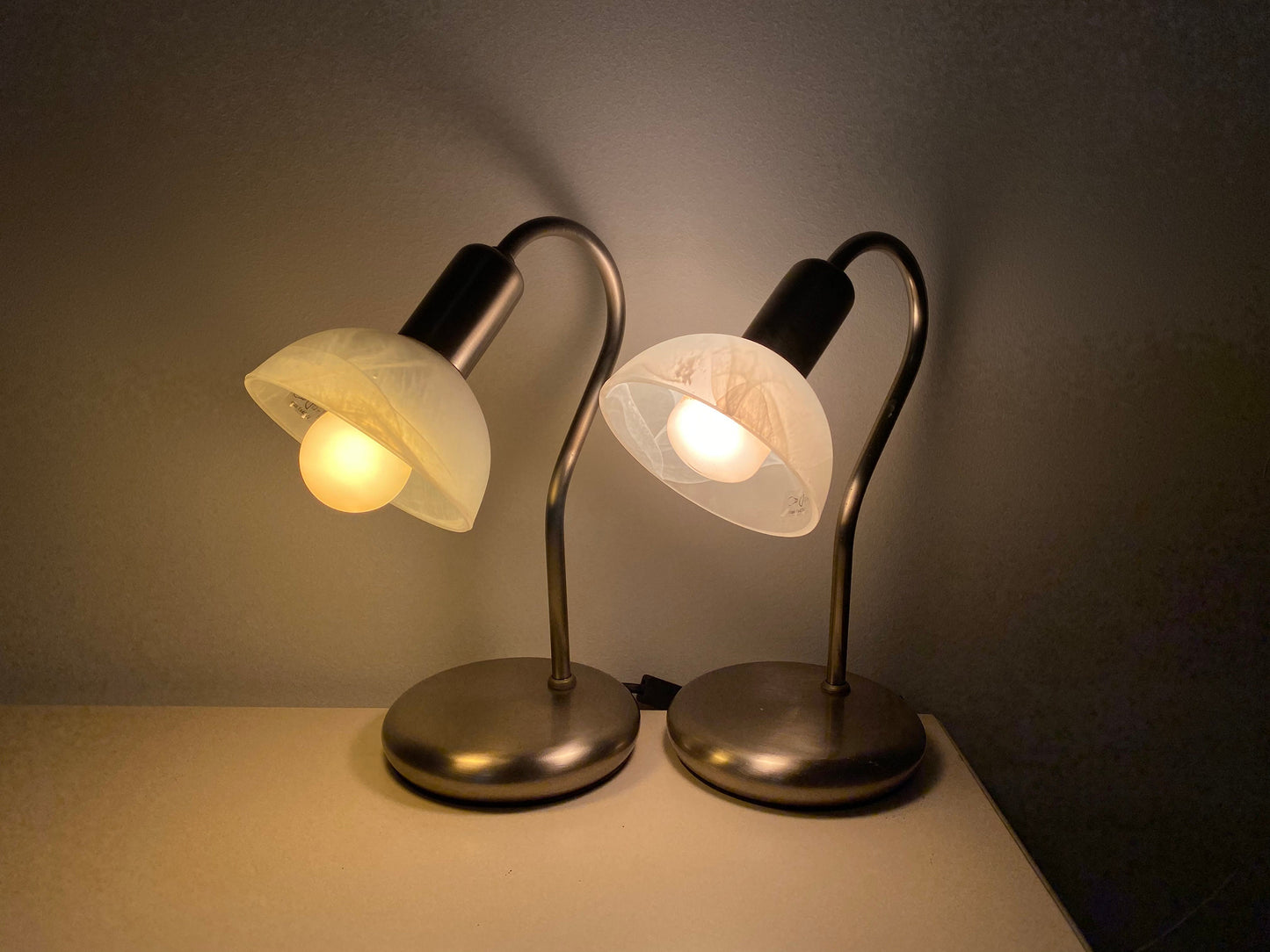 2 Retro BRILLIANT Night Lights | Brushed Chrome Metal Table Lights with Alabaster Glass Shades | Set of 2 Mid Century Night Lights 1970s