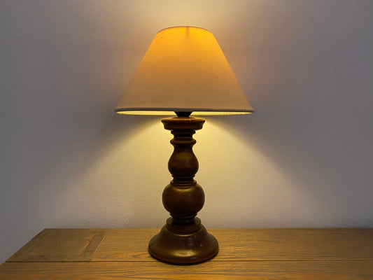 1950s Retro Dark Wood Table Lamp | Vintage Table Lamp Made Of Dark Wood | Vintage Lighting | Mid Century Modern Lighting | Linen Lampshade