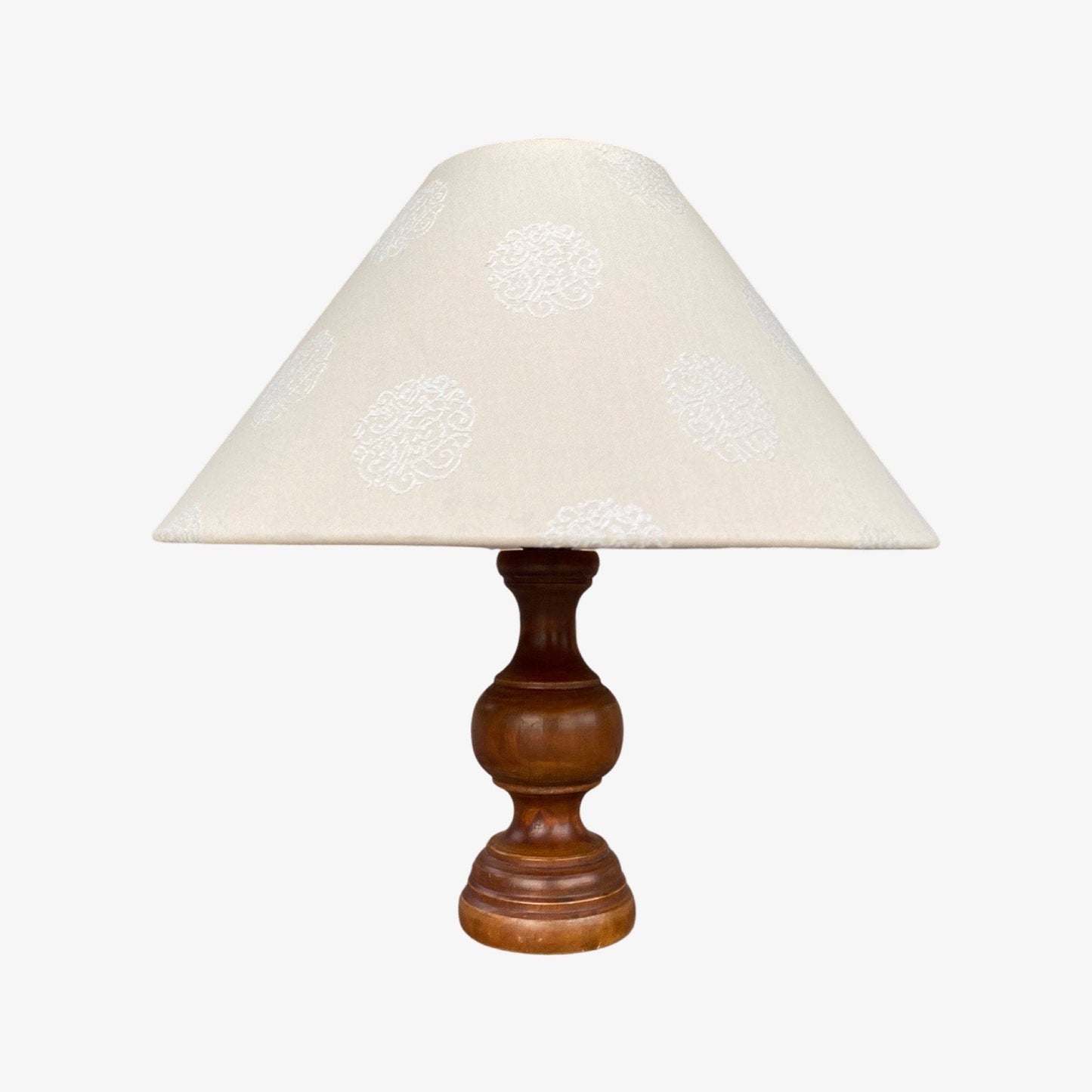 1950s Retro Wooden Table Lamp | Vintage Table Lamp Made Of Dark Wood | Vintage Lighting | Mid Century Modern Lighting | Linen Lampshade