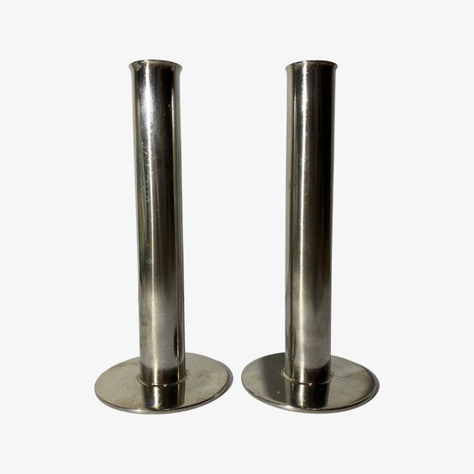 2 Swedish Vintage Candlestick Holders Made in Sweden | METEKTRO ROSTFRITT ØRE-op | Stainless Steel Candle Holders | Height: 7.5'' / 19 cm