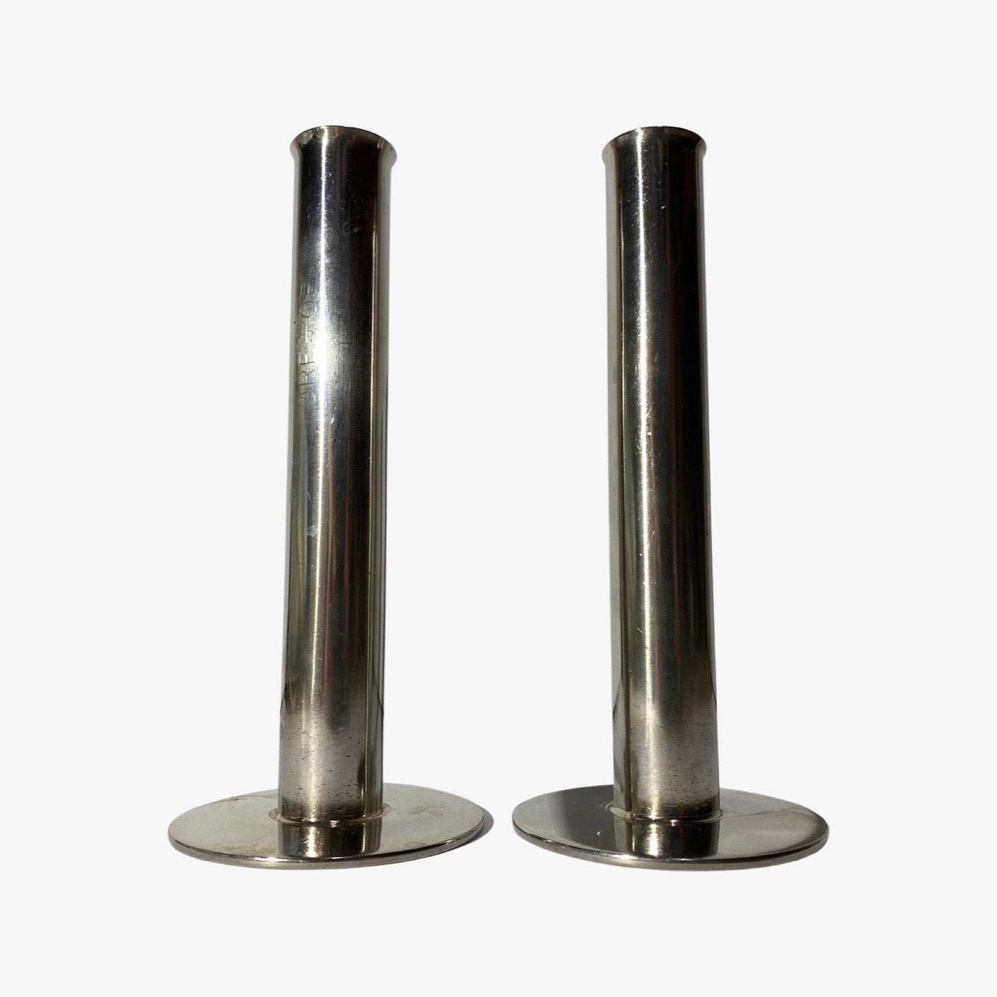 2 Swedish Vintage Candlestick Holders Made in Sweden | METEKTRO ROSTFRITT ØRE-op | Stainless Steel Candle Holders | Height: 7.5'' / 19 cm