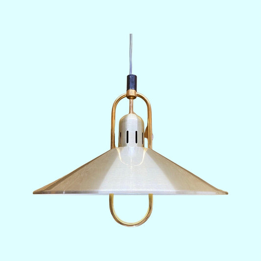 70s Gold Danish Design BELID Pendant Light From The Mid Century | Vintage Brushed Golden Colored Steel Hanging Lamp | Scandinavian Lighting - FancyVintage.nl -