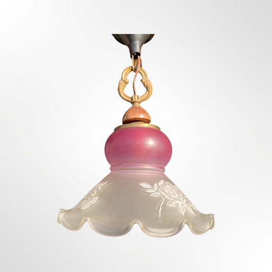 Art Deco Purple Flower Glass Lamp | 1950s Vintage Pendant Lamp Made Of Teak Wood, Brass Hanger and Handmade Glass Shade - FancyVintage.nl -